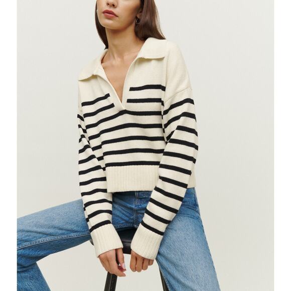 Reformation 'Francesco' White Long Sleeve Cotton Polo Sweater Size M